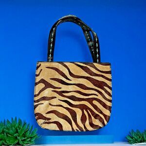 Fossil 1954 Black Cowhide Leather Small Purse Bag Zebra Animal Print 9" x 13"